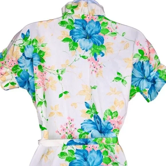 Vintage 70s Robe Womens S White Blue Floral Ruffle Tie Short Sleeve